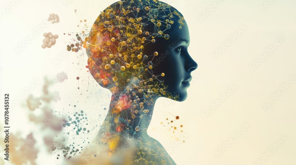 Poster the silhouette of a human head emerges, surrounded by vibrant molecules and complex diagrams, symbol