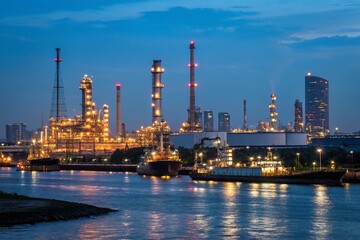 Captivating Low Light Photography of an Industrial Cityscape at Dusk, Showcasing Glowing Skyscrapers, Active Ports, and Vibrant City Life Against a Night Sky