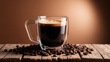  a clear glass mug filled with dark coffee, topped with a light frothy layer.