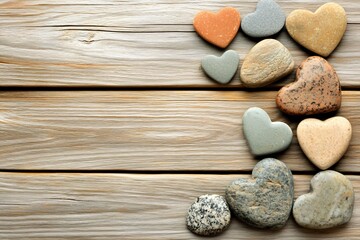 Aesthetic Arrangement of Colorful Heart-Shaped Stones on Rustic Wooden Surface for Natural and Romantic Themes in Photography