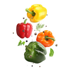 Fresh bell peppers, herbs and spices in air on white background
