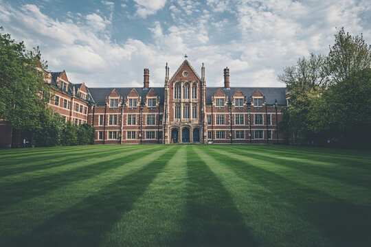 A grand brick college building with symmetrical design and a vibrant green lawn under a cloudy sky
