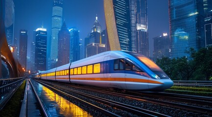 A high-speed train in motion, with a cityscape background of skyscrapers at night. The long exposure creates blurred light trails on the tracks, with a combination of blue and yellow tones