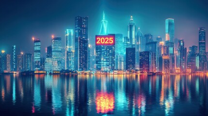 Naklejka premium Spectacular Cityscape of Towering Buildings with Illuminated Skyscrapers Reflecting on Water Under Night Sky in Futuristic Setting for 2025