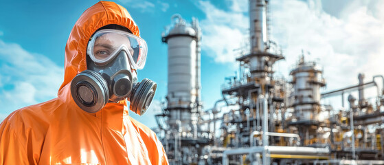 A man in an orange protective suit and gas mask stands in front of a chemical plant under a bright sky, showcasing safety measures in hazardous environments