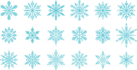 Snowflake vector set, blue winter holiday festive decorative clip art illustration, elegant detailed snow symbol design collection, isolated