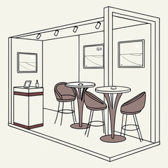 Luxurious Trade Show Booth with Glass Tables and Leather Chairs in a Corporate Setting