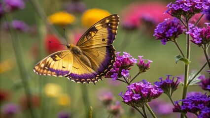 Obraz premium Captivating Macro Photography of a Gold and Purple Butterfly on a Vibrant Floral Background, Showcasing Nature's Intricate Beauty and Colorful Patterns in Stunning Detail