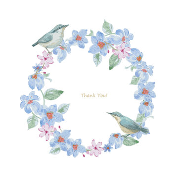 watercolor floral wreath with couple of birds and flowers. Thank you