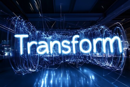 Vibrant neon light representing the concept of transformation in a dynamic digital environment. Word art, creative lettering