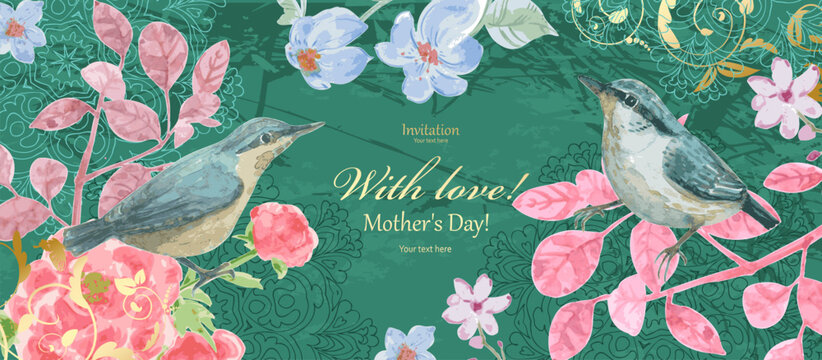 banner design with watercolor painting of birds sitting on colorful leafy branches with flowers against grunge background with arabesque and golden swirl floral ornament