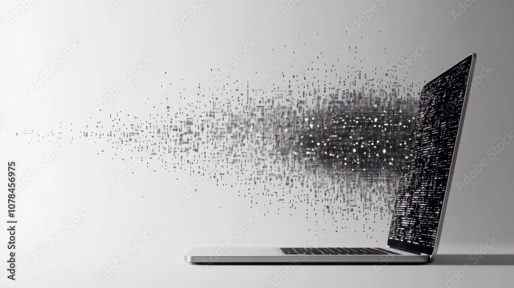 Fototapete the laptop sits against a clean backdrop, showcasing a dynamic burst of pixel elements flowing outwa