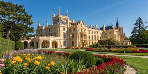 Captivating Macro Photography of Lednice Castle on a Sunny Day, Showcasing Architectural Details and Lush Surroundings in the Heart of the Czech Republic's Natural Beauty