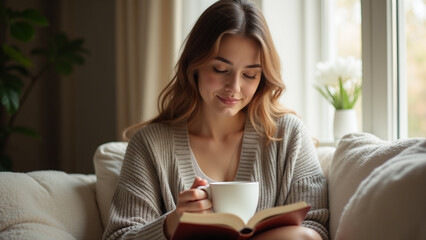 Young woman enjoying a relaxing moment, reading a book with a cup of coffee, feeling cozy and happy.