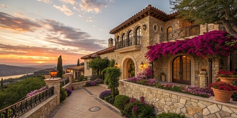 Naklejka premium Captivating Macro Photography of Mediterranean Villa at Sunset with Lush Surroundings and Vibrant Sky, Showcasing Architectural Details and Natural Beauty