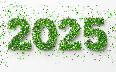 festive green confetti: 3D text "2025" covered in scattered green confetti texture, playful holiday lighting, white background