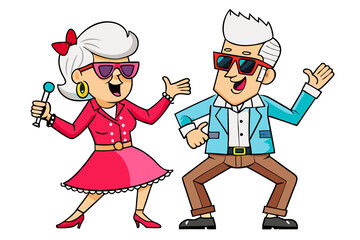 Elderly cool cheerful couple dancing and singing karaoke