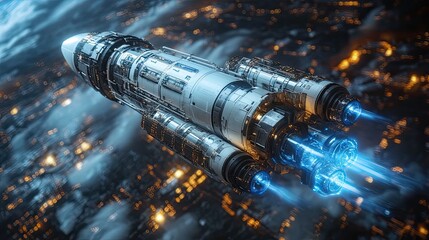 rocket with blue technology structure 3d rendering