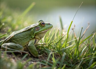 Obraz premium Captivating Minimalist Photography of a Frog Nestled Amongst Lush Green Grass, Emphasizing Nature's Beauty and Serenity in a Simplistic Yet Striking Composition