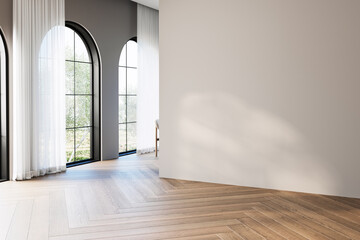 Modern interior design of apartment, dining room with table and chairs, kitchen, empty living room...