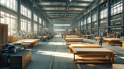 Empty woodworking shop in a furniture factory featuring spacious workbenches and tables for carpentry with high ceilings and industrial design
