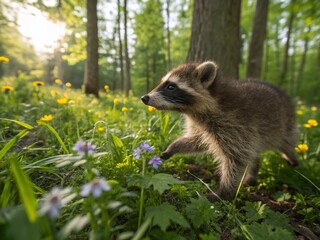 Fototapeta premium Captivating Moments of a Young Raccoon Exploring Nature in a Lush Forest Environment, Showcasing its Curiosity and Playful Behavior Amidst Vibrant Greenery and Wildlife