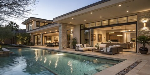 Captivating Modern Home Interior with Sparkling Pool Oasis in Long Exposure, Showcasing Elegance and Tranquility with a Touch of Luxury Living