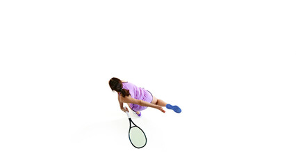 Tennis player prepares to hit, displaying readiness and focus, perfectly show calm intensity before powerful serve against white background. Concept of professional sport, tournament. Ad