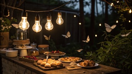 Captivating Moths Dancing Around Glowing Light Bulbs in a Cozy Kitchen Setting, Creating an Enchanting Atmosphere for Food Photography Lovers and Nature Enthusiasts