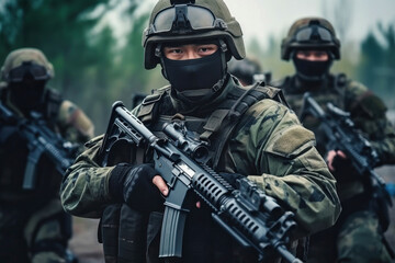 Naklejka premium A Chinese soldier armed with an assault rifle leads his squad during a tactical training exercise in a dense forest setting at dawn