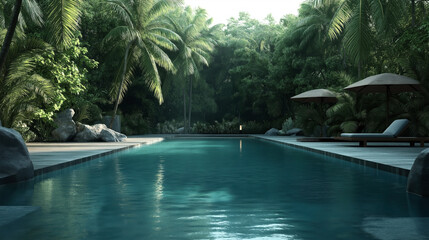 Obraz premium Tropical pool surrounded by lush greenery with palm trees, rocks, and a wooden deck featuring sun loungers and umbrellas.