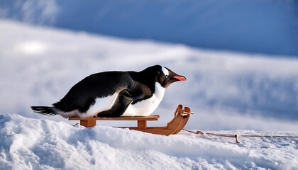 Penguin on a Tiny Sled at the Top of a Snowy Hill