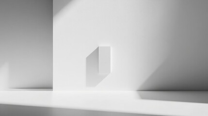 Minimalist Interior with Soft Shadows and Bright Light, Featuring a Simple White Rectangle on a Clean White Wall