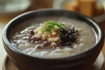 Red bean porridge topped with rice cake also known as Patjuk