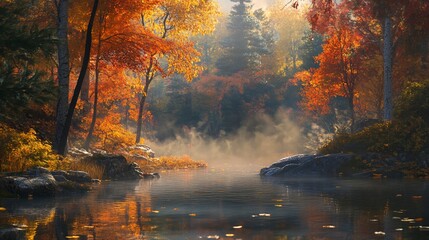 A misty morning in a forest with colorful autumn leaves reflected in a still river.
