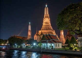 Fototapeta premium Captivating Night Photography of Wat Pho Temple in Bangkok, Thailand, Showcasing Illuminated Architecture and Serene Atmosphere with Colorful Lights and Reflections