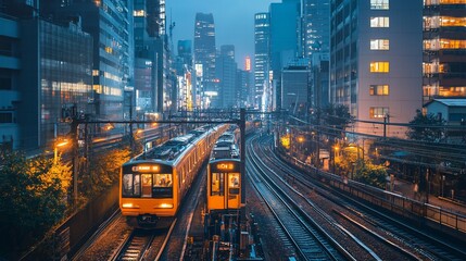 Obraz premium A train travels through a dense urban cityscape at dusk, with tall buildings and a network of tracks, signifying modern transportation and urban life.