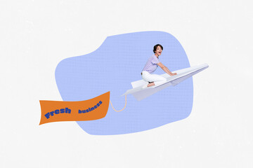 Composite photo collage of happy girl fly paper plane fresh business startup development founding job isolated on painted background