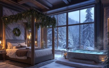 Fototapeta premium Elegant Spa Hotel Room High-end hotel suite with spa amenities, a four-poster bed adorned with holiday greenery, a marble fireplace, and a private hot tub overlooking a snowy forest scene 