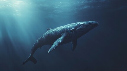 Fototapeta premium A humpback whale swims through a deep blue ocean.