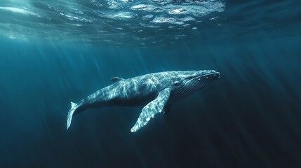 A humpback whale swims through the ocean.