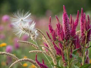 Obraz premium Captivating Panoramic View of Milkweed Seeds Resting on Vibrant Foxtail Amaranth Flowers in a Serene Natural Setting with Soft Focus Background