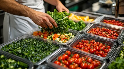 Obraz premium A chef in a professional kitchen is placing food into the rectangular