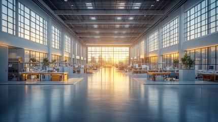 Modern office space with large windows and sunset lighting.