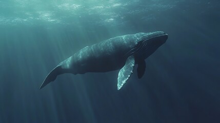 Fototapeta premium A humpback whale swims through a deep blue ocean.