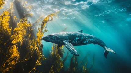 Fototapeta premium A humpback whale swims through a kelp forest in the ocean.