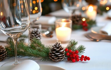 Elegant Christmas Table in Modern Restaurant Minimalist restaurant with holiday decor, white tablecloths, candles, and subtle festive touches like pine cones and red berries  - Powered by Adobe