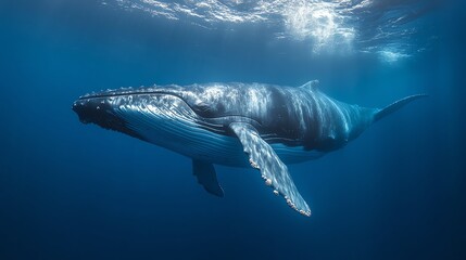 Fototapeta premium A humpback whale swims in the deep blue ocean.