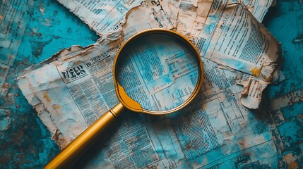 A magnifying glass lies on top of old, worn, and torn newspaper pages, with a blue background.