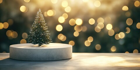 An unadorned white concrete podium stands empty, casting a shadow of a Christmas tree against a bokeh backdrop, serving as a display pedestal for holiday related presentations.